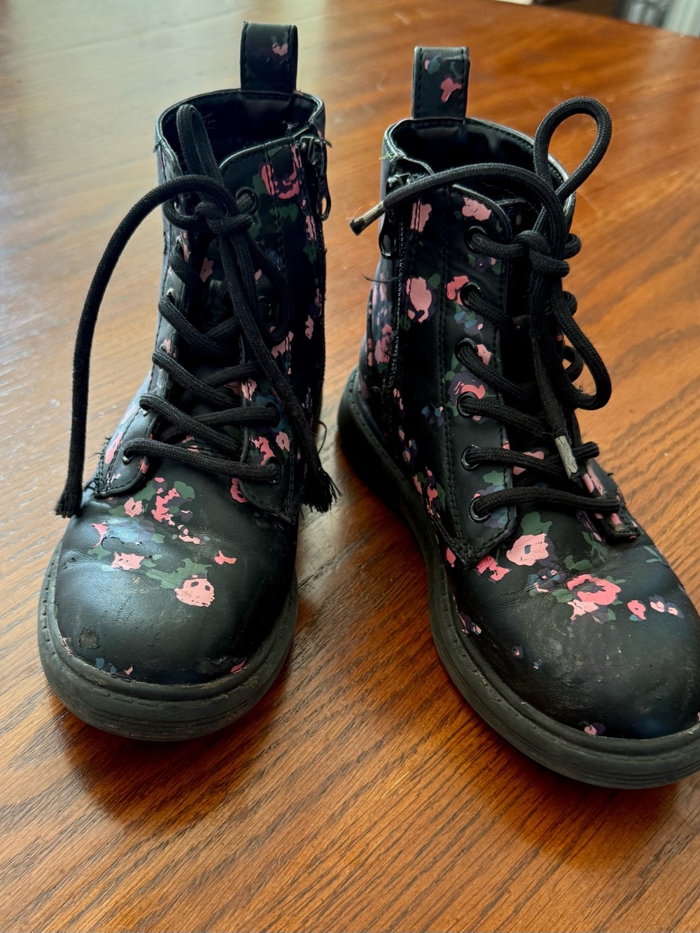 Kids Black Lace-Up Boots with Pink Floral Accents